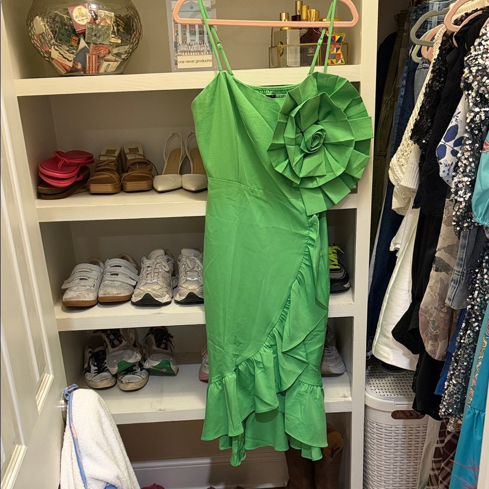 Vibrant Green Asymmetrical Dress with Floral Accent